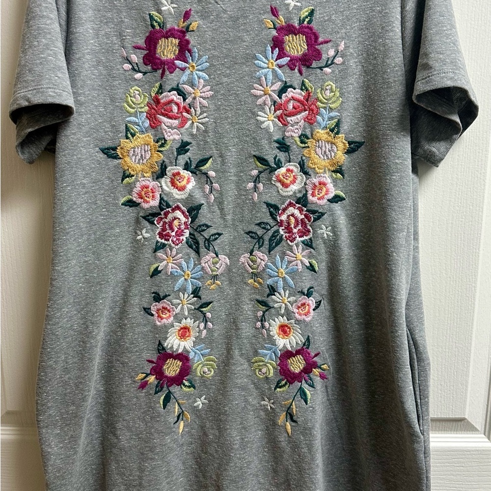 Gray T-Shirt with Floral Embroidery